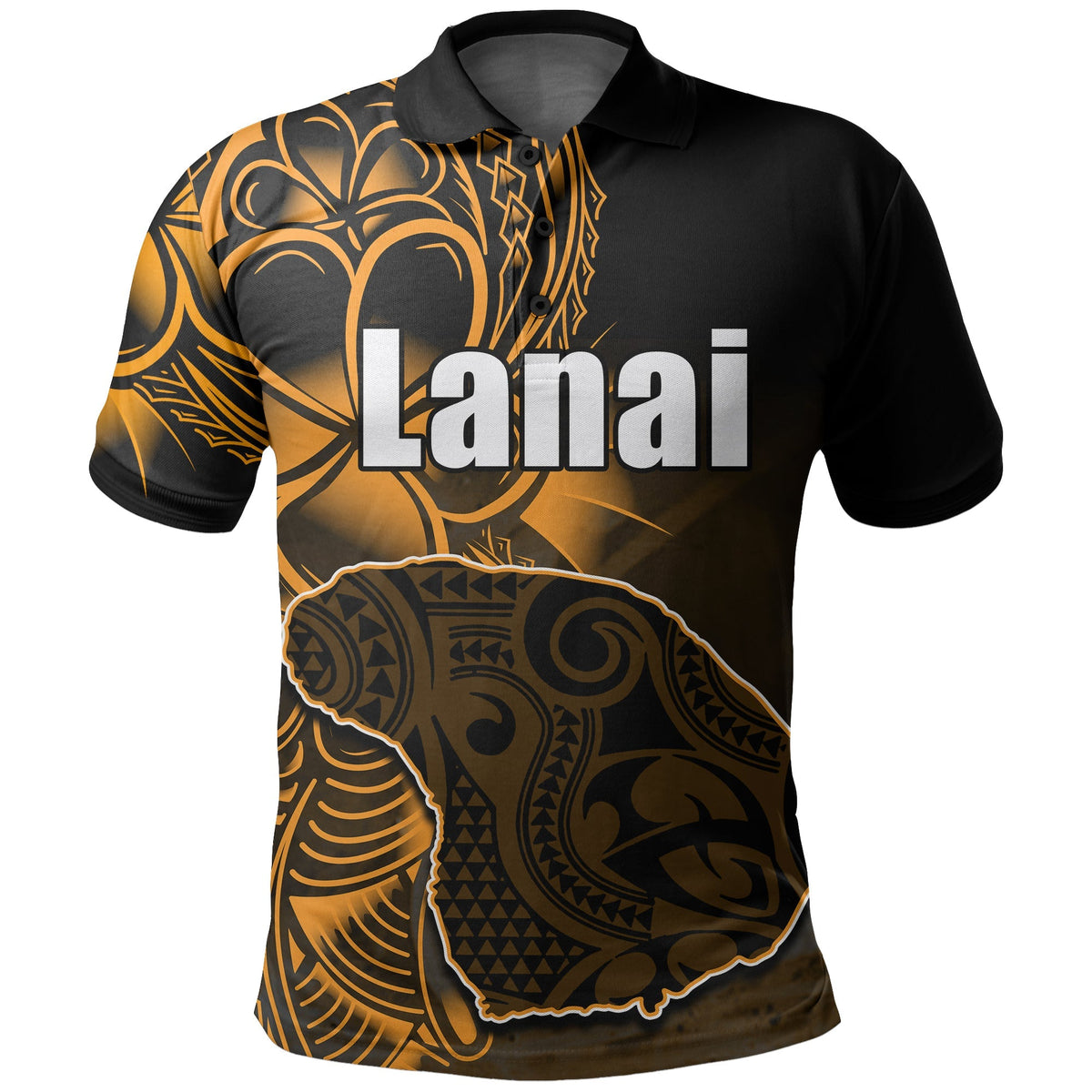 Lanai polo shirt, black with orange Hawaiian island graphic and logo