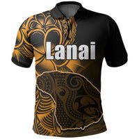 Lanai polo shirt, black with orange Hawaiian island graphic and logo