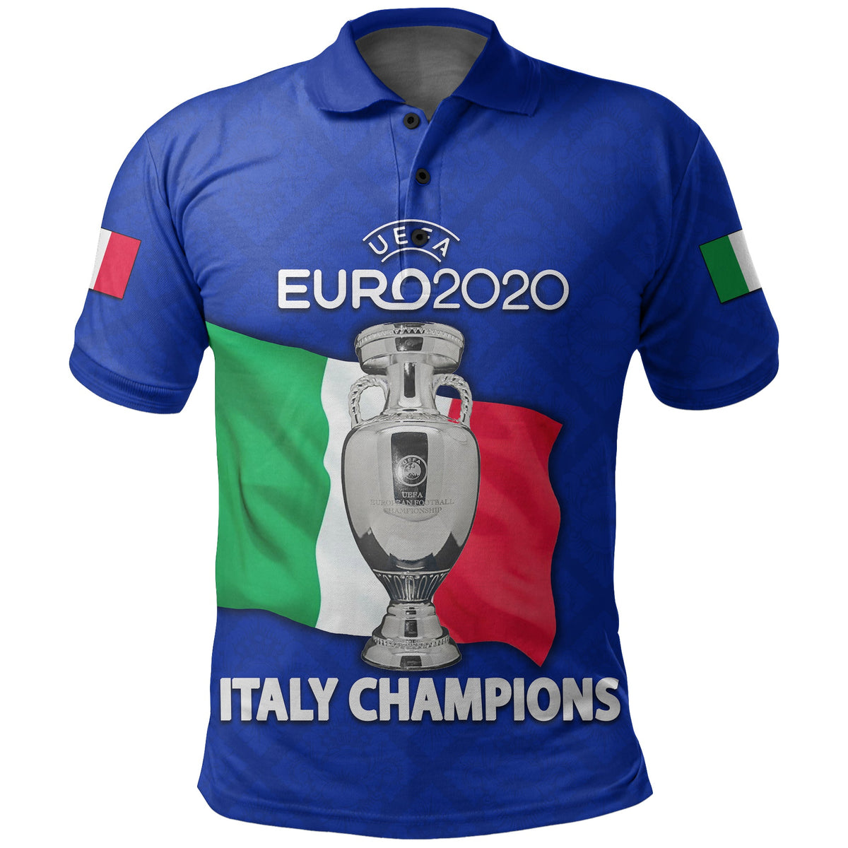 Blue Italy Euro 2020 polo with trophy graphic and 'ITALY CHAMPIONS' front print