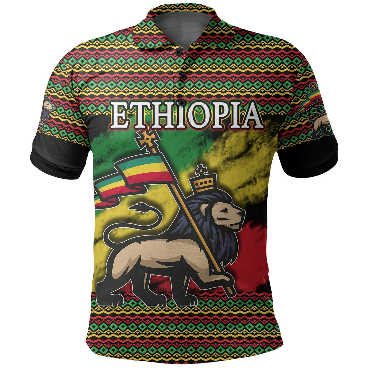 Multicolor Ethiopia polo shirt with patterned trim and lion/grunge graphic on front