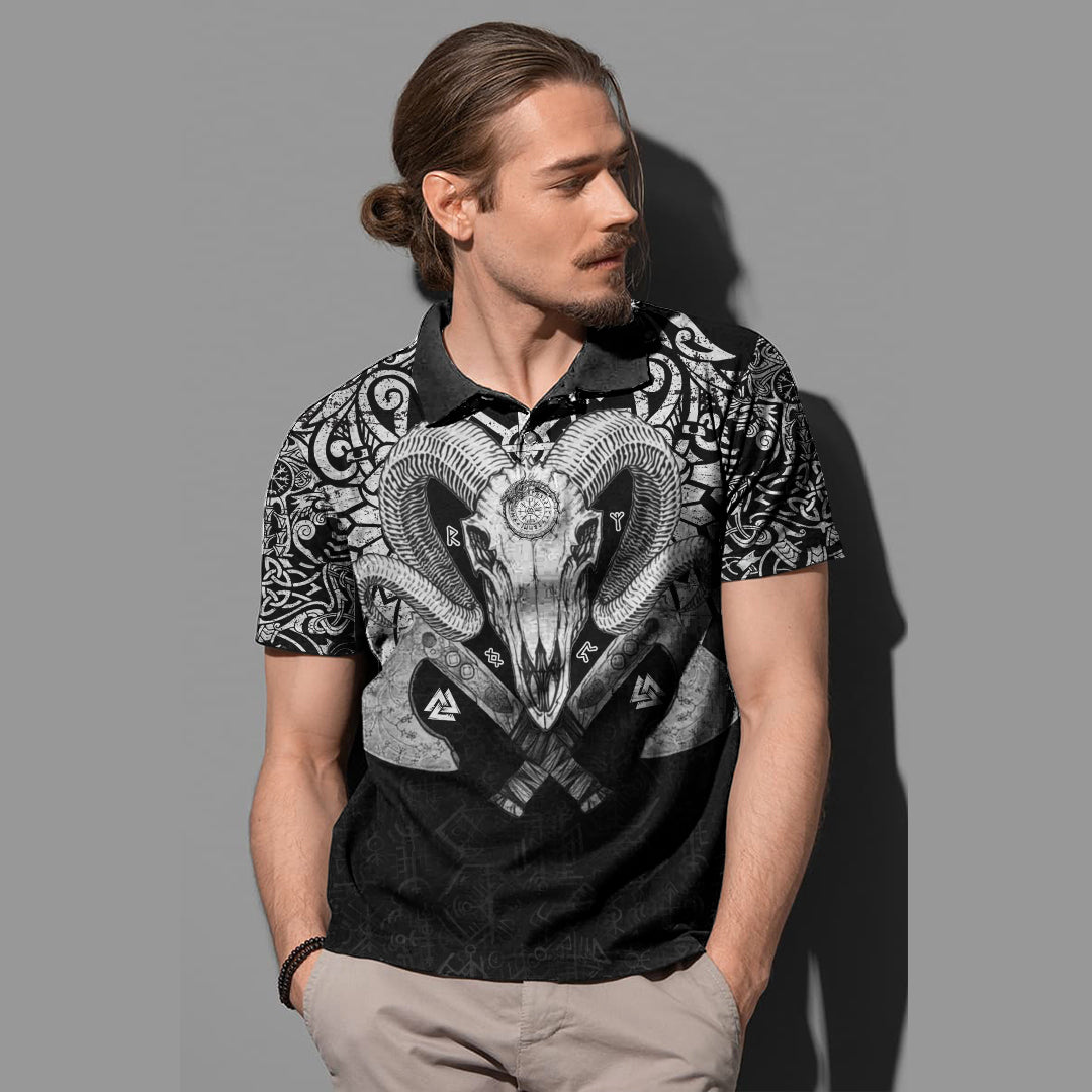 Viking Ram Skull Tattoo With Vegvisir and Valknut Polo Shirt RLT12 - Wonder Print Shop