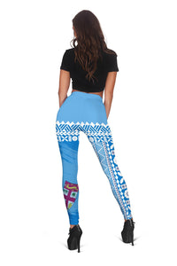Women’s blue tapa-pattern leggings with geometric band, back view