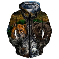 Zip hoodie with wolf and animal 3D graphic, multicolor, front with hood and zipper
