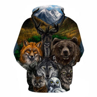 Multicolor zip-up hoodie front view with 3D wolf, bear, and cat face artwork