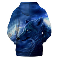 Pullover hoodie, dark blue wolf head print on chest; hood seam visible