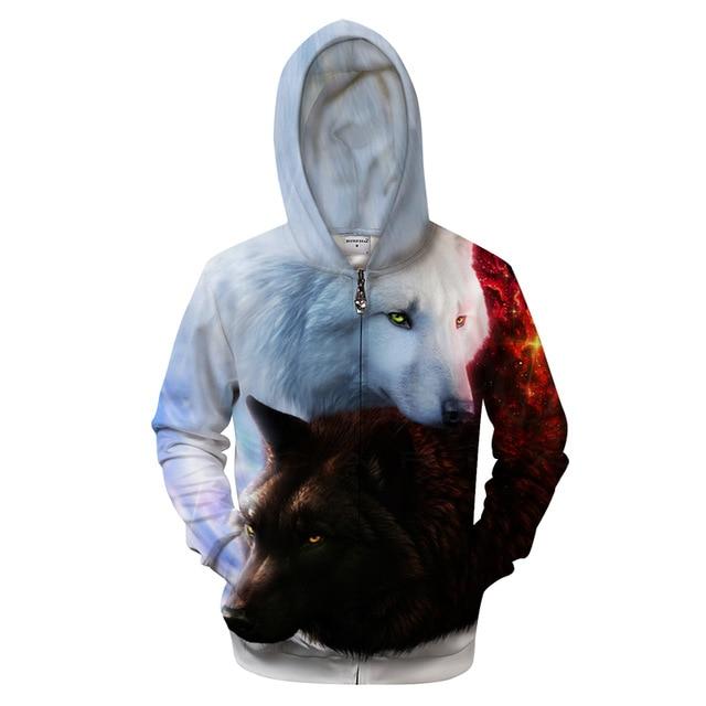 3D wolf print zip hoodie, light blue/gray with dark black and red accents