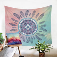 Dreamcatcher tapestry with circular mandala, feather pattern; pastel pink, teal, and navy
