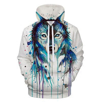 White pullover hoodie with multicolor wolf face 3D print and splatter paint