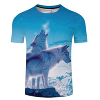 Blue T-shirt with 3D wolf print and mountain landscape