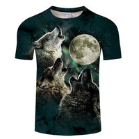 3D wolf T-shirt with howling wolves and full moon print on dark green fabric