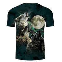 Back of wolf T-shirt with three wolves and large full moon graphic on dark green