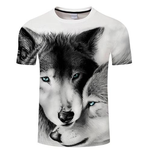 Black/white wolf face 3D graphic T-shirt, crew neck, short sleeves
