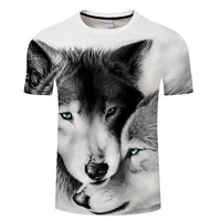Black/white wolf face 3D graphic T-shirt, crew neck, short sleeves