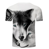 Black-and-white dual wolf faces 3D print T-shirt, crew neck, short sleeves
