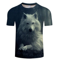 Dark T-shirt with centered white wolf 3D-style graphic print on front