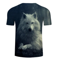 Dark short-sleeve tee showing white wolf head graphic, centered and large