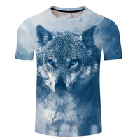 Blue wolf face graphic T-shirt with 3D digital print, crew neck, short sleeves