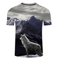 3D wolf & mountains graphic T-shirt, crew neck, multicolor front