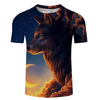 T-shirt with 3D wolf head graphic, blue night sky, orange sunset clouds, crew neck