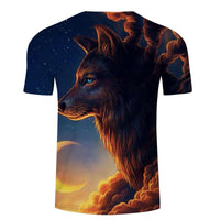 T-shirt front with 3D wolf portrait, starry blue night sky, fiery orange cloud design