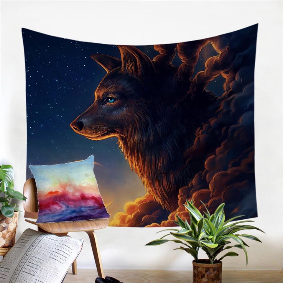 Night sky tapestry with left-facing wolf head, orange glow, clouds and moon design