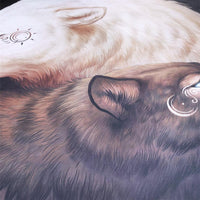 Close-up wolf tapestry showing soft fur shading and small circular yin-yang symbols