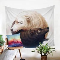 Two wolf heads tapestry in light and dark tones, wrapped yin-yang face emblem