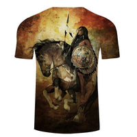 Multicolor T-shirt with horse and man graphic, back view