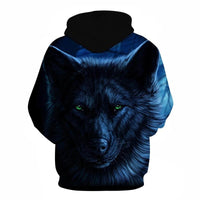 Dark blue wolf head graphic pullover hoodie with black hood and long sleeves