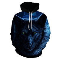 Blue wolf face graphic pullover hoodie with black hood and white drawstrings
