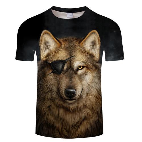 Black T-shirt with 3D wolf face graphic, ears up and black eyepatch-like triangle