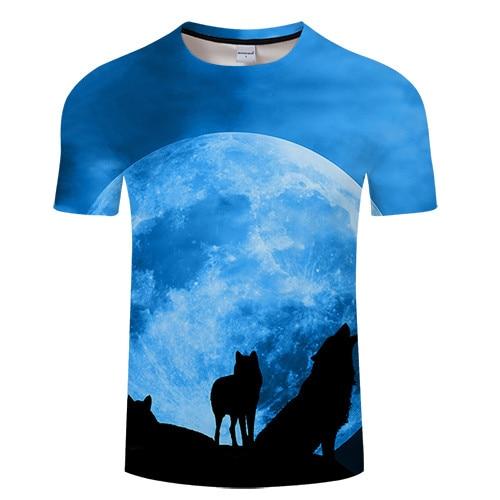 Blue crewneck T-shirt with large moon graphic and black wolf silhouettes
