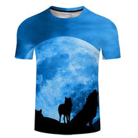 Blue crewneck T-shirt with large moon graphic and black wolf silhouettes