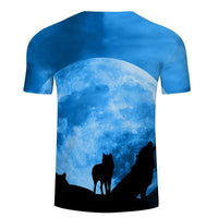 Blue T-shirt with oversized 3D-style moon print and three wolf silhouettes