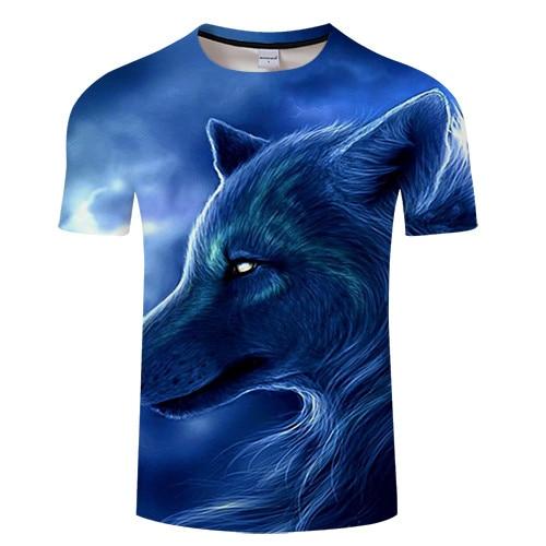 3D wolf head graphic T-shirt in blue, dark eye and Native-style design