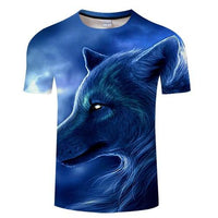 3D wolf head graphic T-shirt in blue, dark eye and Native-style design