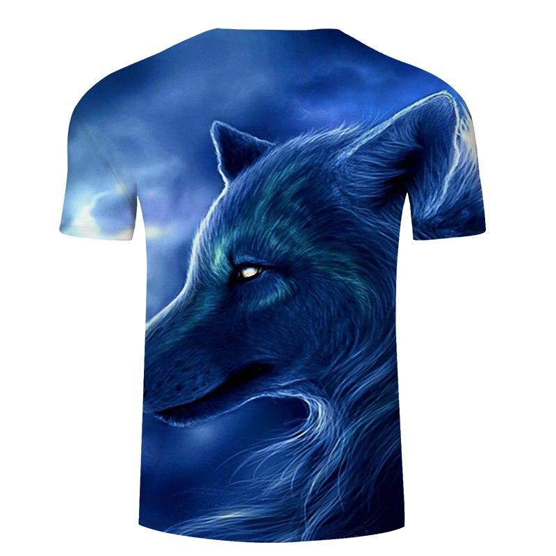 Blue 3D wolf head T-shirt, side profile with glowing eye and flowing fur