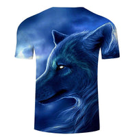 Blue 3D wolf head T-shirt, side profile with glowing eye and flowing fur