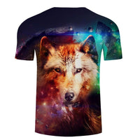 Colorful wolf face graphic T-shirt, galaxy-like colors on dark short-sleeve