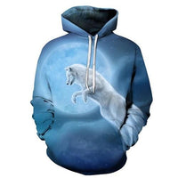 Blue pullover hoodie with 3D wolf graphic, kangaroo pocket and white drawstrings