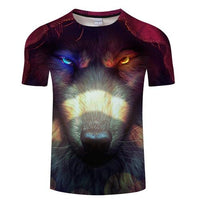 Multicolor graphic T-shirt with glowing-eyed wolf face, short sleeves, crew neck