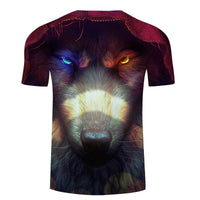 Close-up wolf face graphic with blue and orange glowing eyes on multicolor crew-neck T-shirt