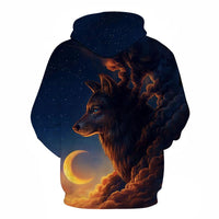 Front hooded pullover with wolf profile, glowing moon and clouds 3D print