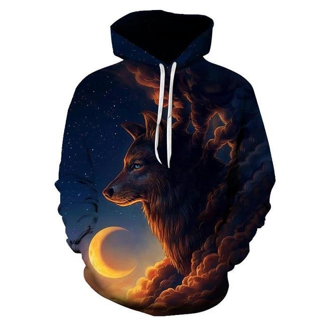 Multicolor 3D wolf and moon pullover hoodie with pointed hood, front graphic