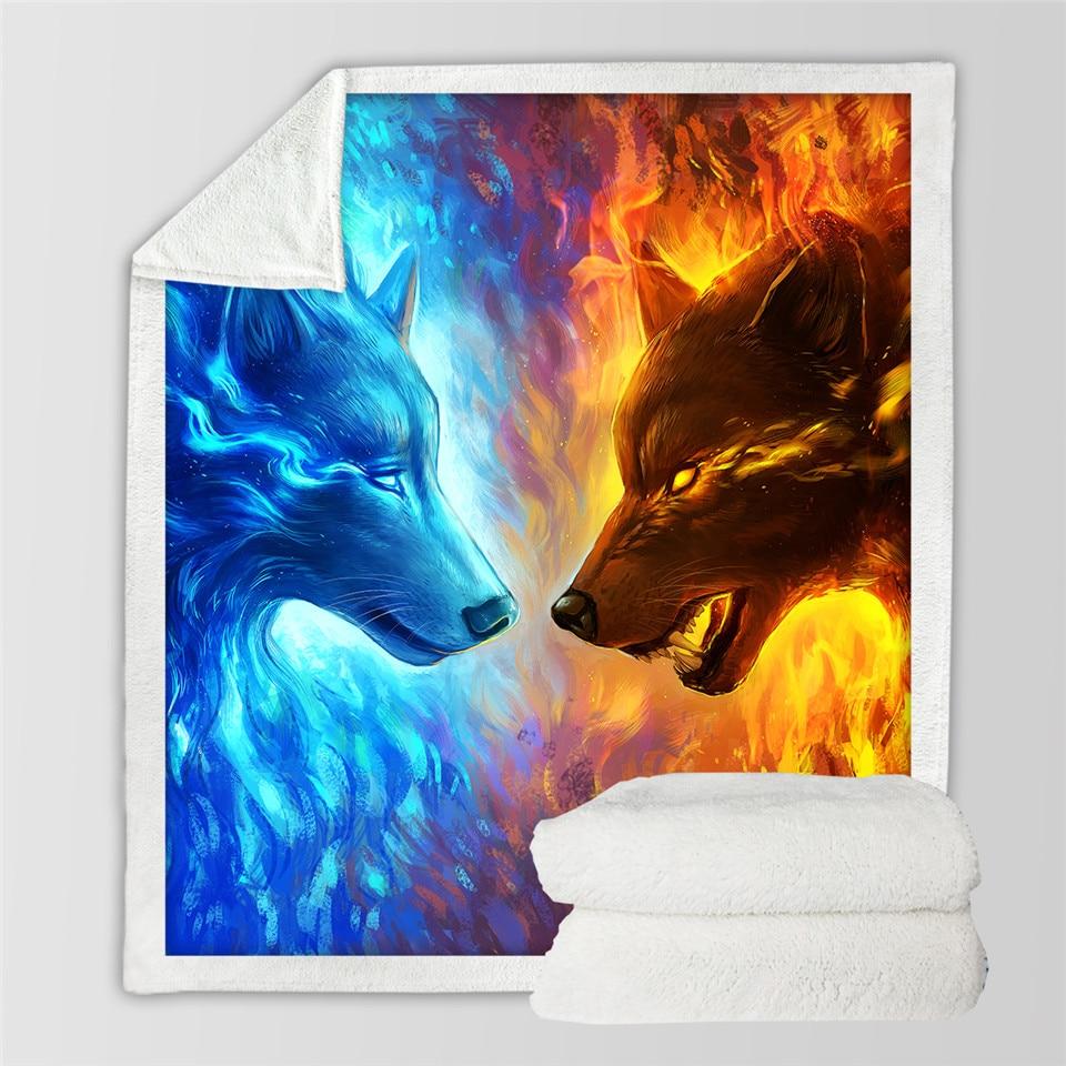 3D double-wolf throw blanket with blue and fiery orange artwork, white reverse