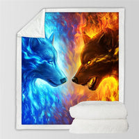 3D double-wolf throw blanket with blue and fiery orange artwork, white reverse