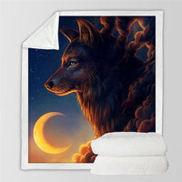 Wolf night throw blanket with glowing moon and orange clouds, shown folded on white