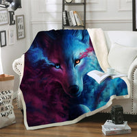Native American style wolf blanket, multicolor 3D print with white border