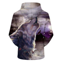 Multicolor wolf pullover hoodie, back view with large wolf head and patterned chest