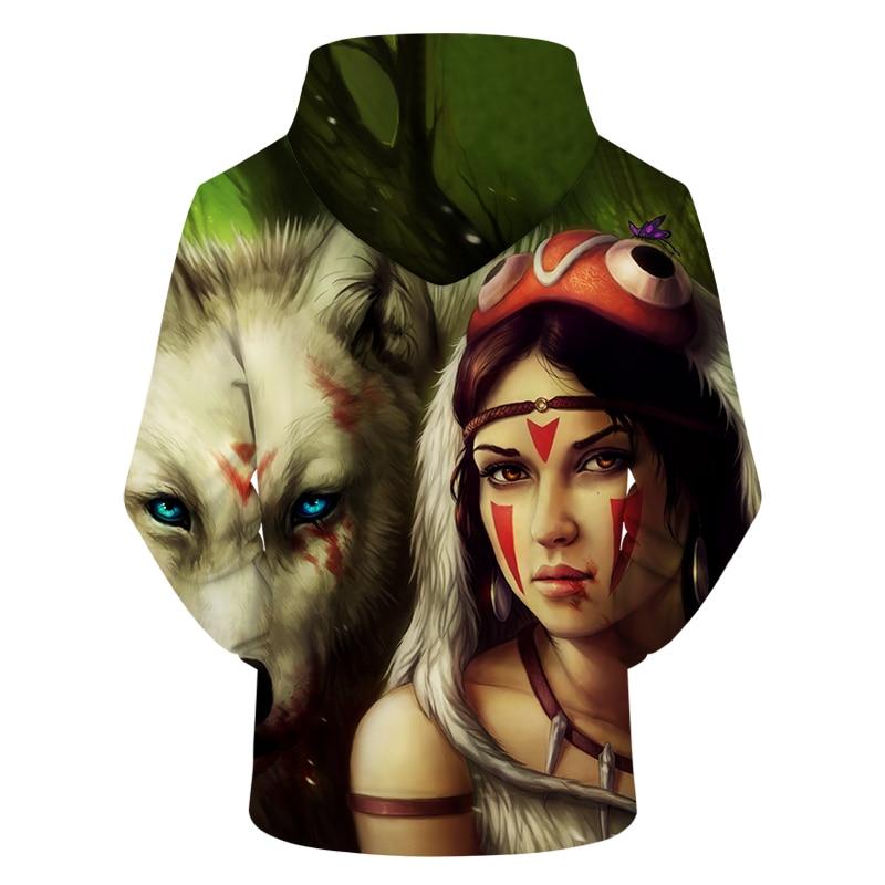 Colorful 3D wolf and princess portrait zip hoodie, hooded neckline close-up